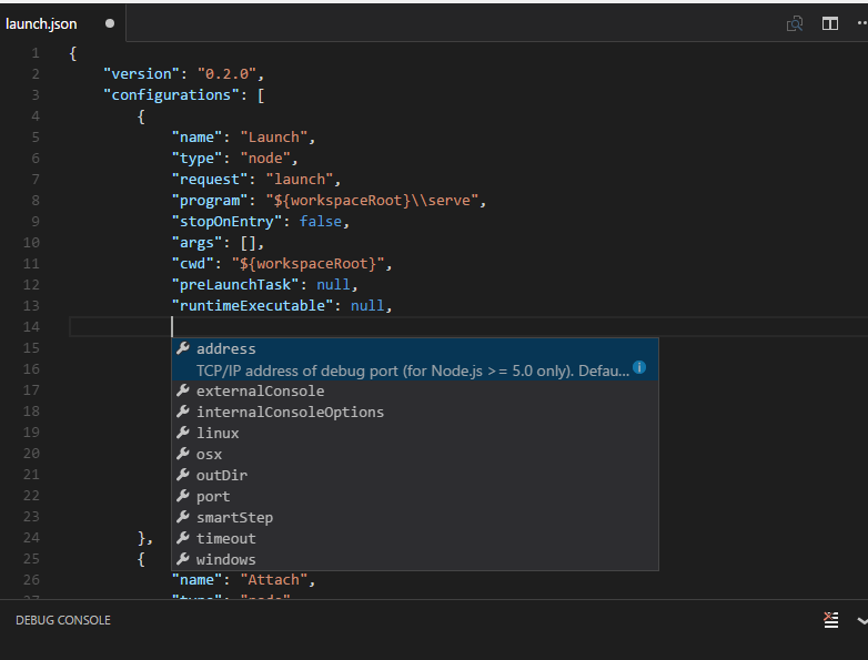 Intellisense debug json properties